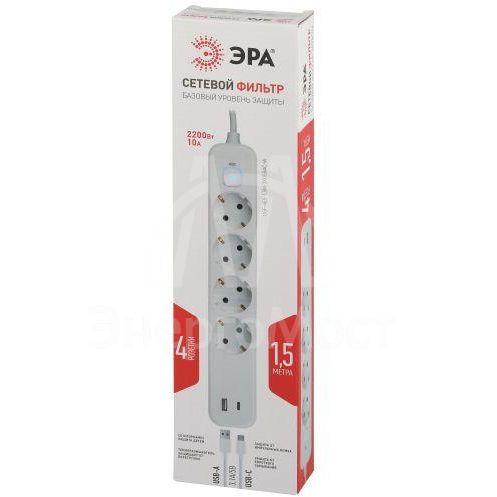 Удлинитель с сетевым фильтром 4х1.5м с заземл. 10А USF-4es-1.5m-2xUSBAC-W +2xUSBA+C3.1A с выкл. с базов. защитой Эра Б0059571