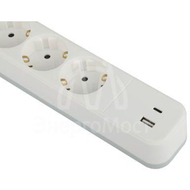 Удлинитель с сетевым фильтром 4х1.5м с заземл. 10А USF-4es-1.5m-2xUSBAC-W +2xUSBA+C3.1A с выкл. с базов. защитой Эра Б0059571