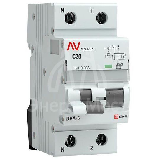 Выключатель автоматический дифференциального тока 2п C 20А 30мА тип A 6кА DVA-6 Averes EKF rcbo6-1pn-20C-30-a-av