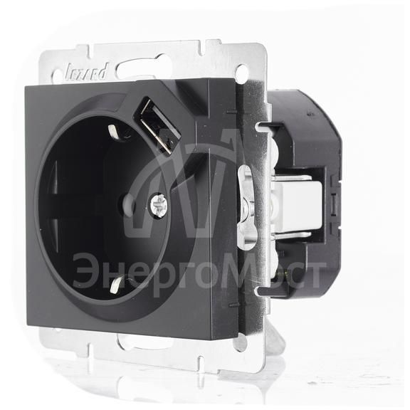 Розетка 1-м СП Vesna с заземл. с заряд. устройством USB механизм черн. бархат LEZARD 742-4288-181