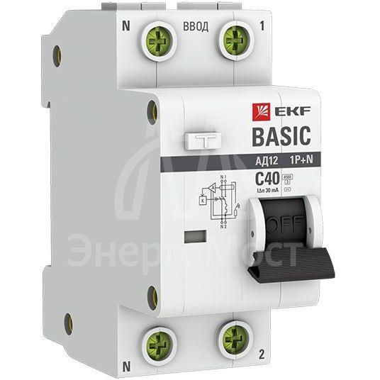 Выключатель автоматический дифференциального тока 1п+N C 40А 30мА тип AC эл. 4.5кА АД-12 Basic EKF DA12-40-30-bas