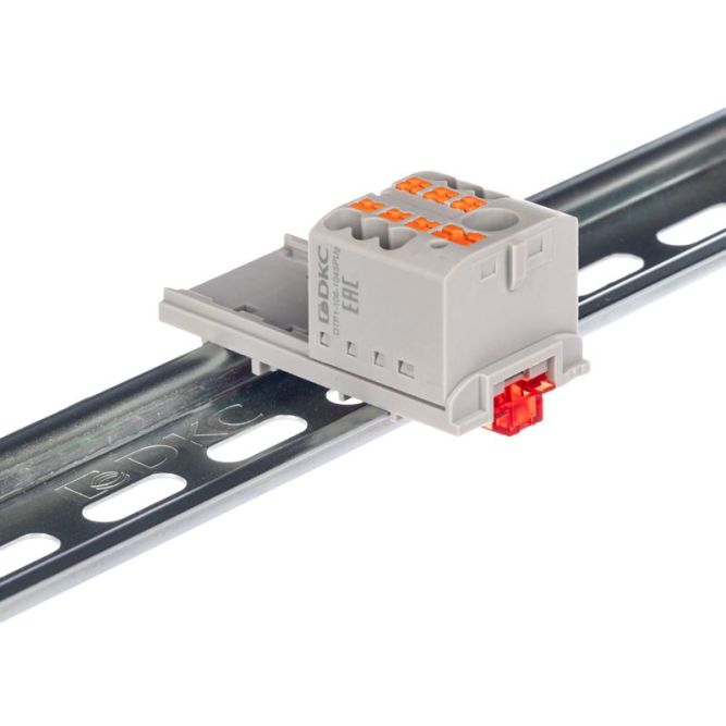 Блок распределительный с вертикал. адаптером на рейки шир. 15/35мм зажим push-in 1 ввод 6кв.мм 6 точек подключения 2.5кв.мм сер. DKC DTP1-106-104SPUG-V