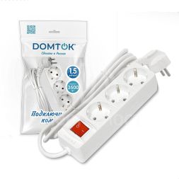 Удлинитель 3х1.5м с заземл. 16А IP20 3.5кВт ПВС 3х1 с выкл. бел. DOMTOK 2379