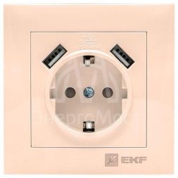 Розетка 1-м СП Валенсия 16А IP20 с заземл. защ. шторки с 2-мя заряд. устройствами USB 2.1А крем. PROxima EKF EWR16-028-20-2USB