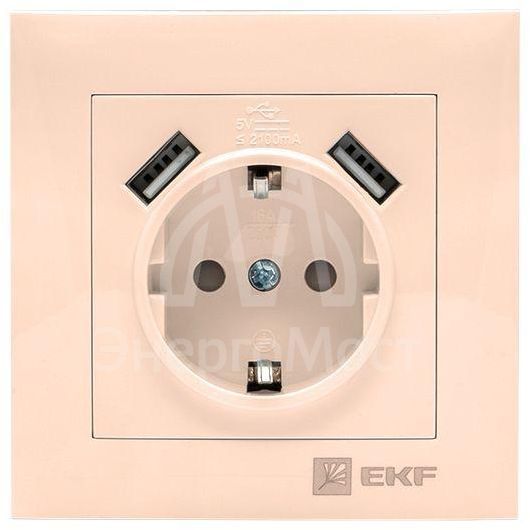 Розетка 1-м СП Валенсия 16А IP20 с заземл. защ. шторки с 2-мя заряд. устройствами USB 2.1А крем. PROxima EKF EWR16-028-20-2USB