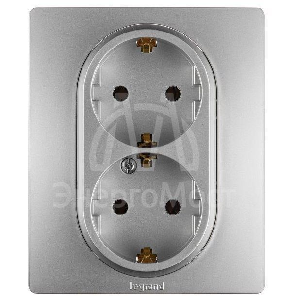 Розетка 2-м СП Etika 16А IP20 250В 2P+E с заземл. немецк. стандарт винт. клеммы в сборе алюм. Leg 672423