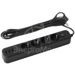Удлинитель с сетевым фильтром 4х1.5м с заземл. 10А USF-4es-1.5m-3xUSBA-B +3xUSBA 3.1A с выкл. с базов. защитой Эра Б0059568