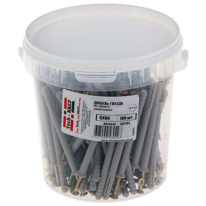 Дюбель-гвоздь 6х80 с потайной манжетой полипропилен (уп.100шт) ведро Tech-Krep 103184