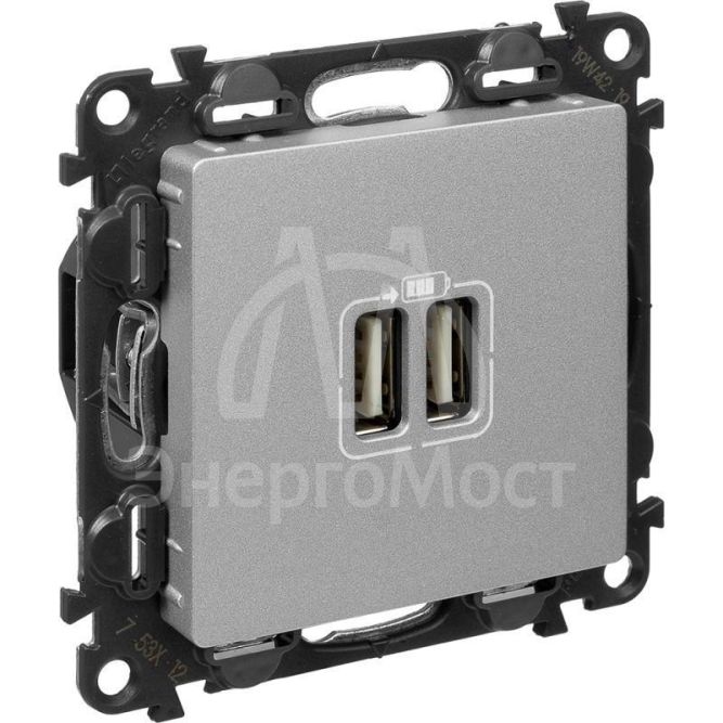 Устройство зарядное Valena Life с 2-мя USB-разъемами 240В/5В 1500мА с лиц. панелью алюм. Leg 753612