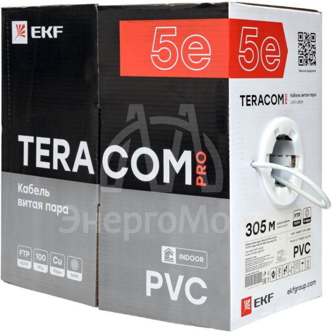 Кабель витая пара F/UTP кат.5E 4 пары 24 AWG solid PVC сер. TERACOM PRO EKF TRP-5EFTP-04PVC-GY-IN3