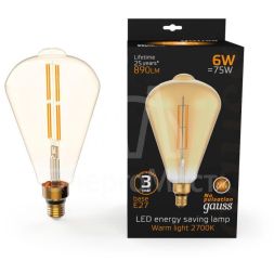 Лампа светодиодная филаментная Black Filament 6Вт ST164 золотая 2700К тепл. бел. E27 890лм GAUSS 157802118
