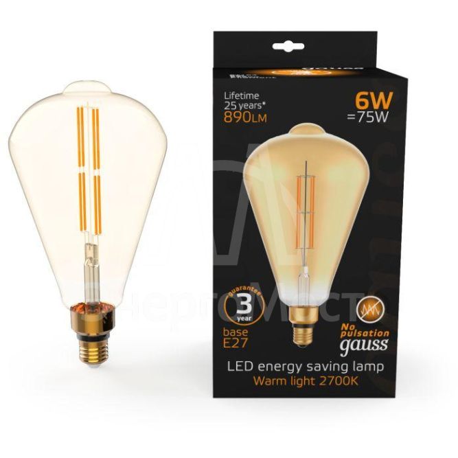Лампа светодиодная филаментная Black Filament 6Вт ST164 золотая 2700К тепл. бел. E27 890лм GAUSS 157802118