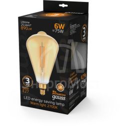 Лампа светодиодная филаментная Black Filament 6Вт ST164 золотая 2700К тепл. бел. E27 890лм GAUSS 157802118