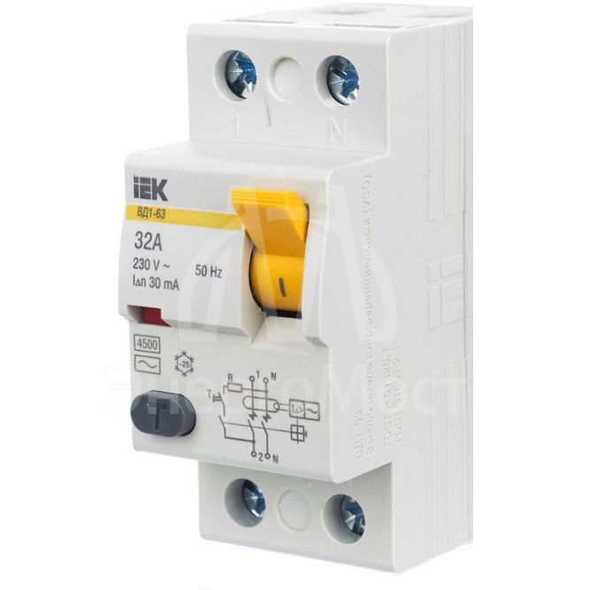 Выключатель дифференциального тока (УЗО) 2п 32А 30мА тип AC ВД1-63 IEK MDV10-2-032-030