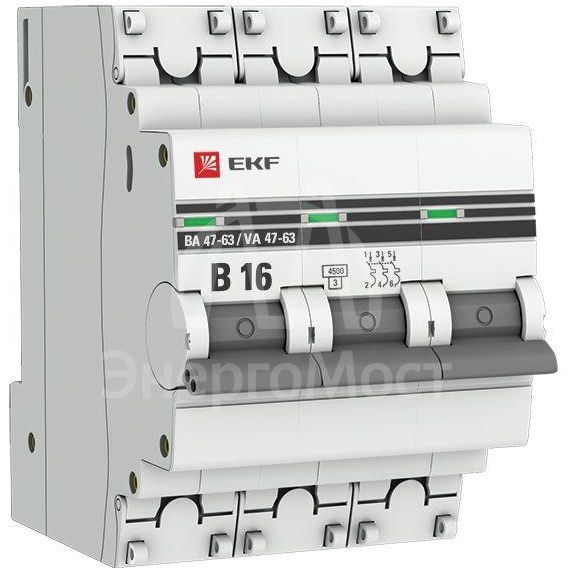 Выключатель автоматический модульный 3п B 16А 4.5кА ВА 47-63 PROxima EKF mcb4763-3-16B-pro