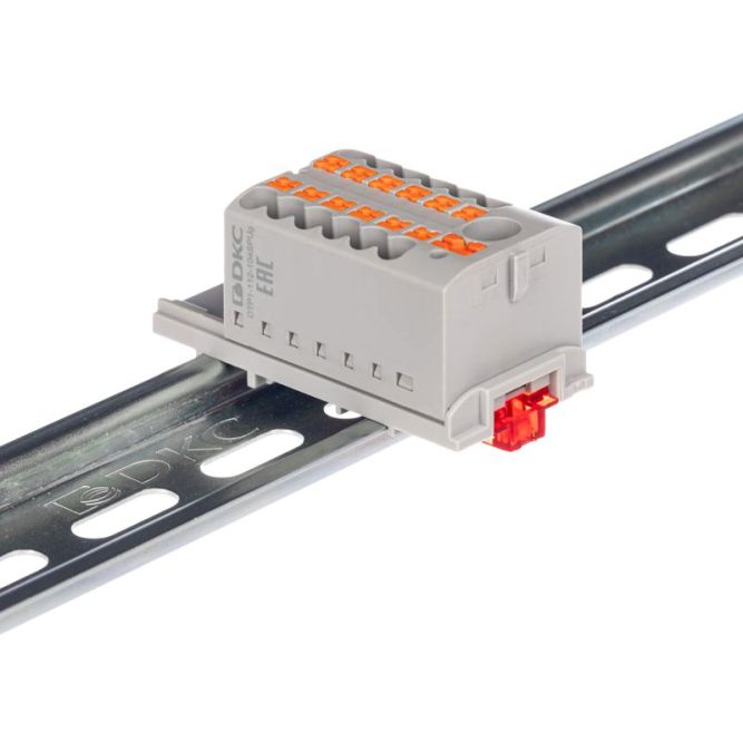 Блок распределительный с вертикал. адаптером на рейки шир. 15/35мм зажим push-in 1 ввод 6кв.мм 12 точек подключения 2.5кв.мм красн. DKC DTP1-112-104SPUR-V