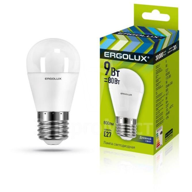 Лампа светодиодная LED-G45-9W-E27-6К Шар 9Вт E27 6500К 172-265В Ergolux 13178