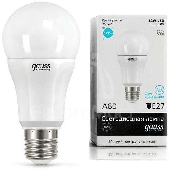 Лампа светодиодная Elementary A60 12Вт E27 4100К 1/10/40 Gauss 23222