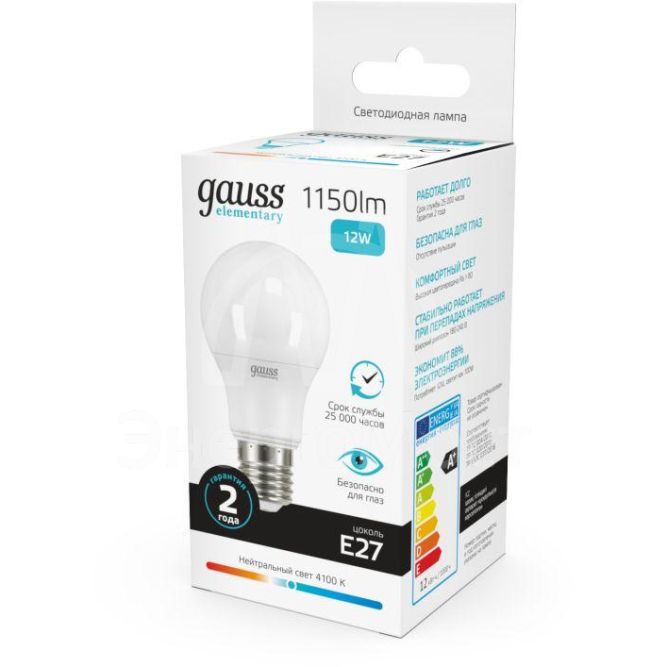 Лампа светодиодная Elementary A60 12Вт E27 4100К 1/10/40 Gauss 23222