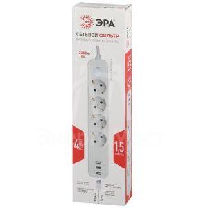 Удлинитель с сетевым фильтром 4х1.5м с заземл. 10А USF-4es-1.5m-3xUSBA-W +3xUSBA 3.1A с выкл. с базов. защитой Эра Б0059567