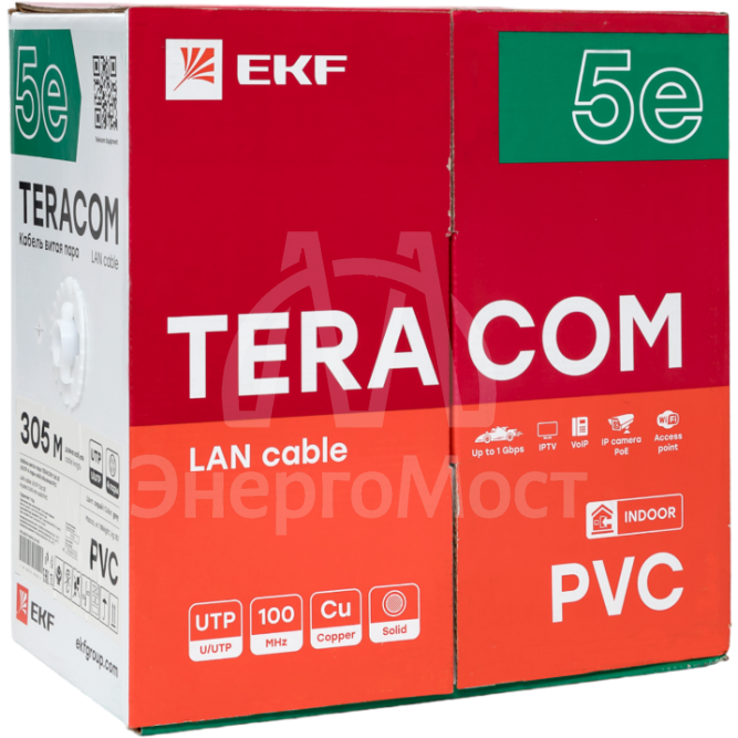 Кабель витая пара U/UTP кат.5e 4 пары solid оболочка PVC сер. TERACOM EKF TRC-5EUTP-04PVC-GY-IN3