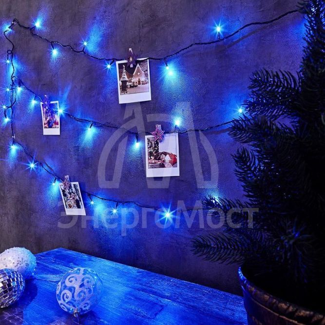 Гирлянда &amp;quot;ТВИНКЛ ЛАЙТ LED&amp;quot; (с контроллером 8 режимов) 6м 40LED 4Вт 220В IP20 син. провод темн.-зел. ПВХ NEON-NIGHT 303-023