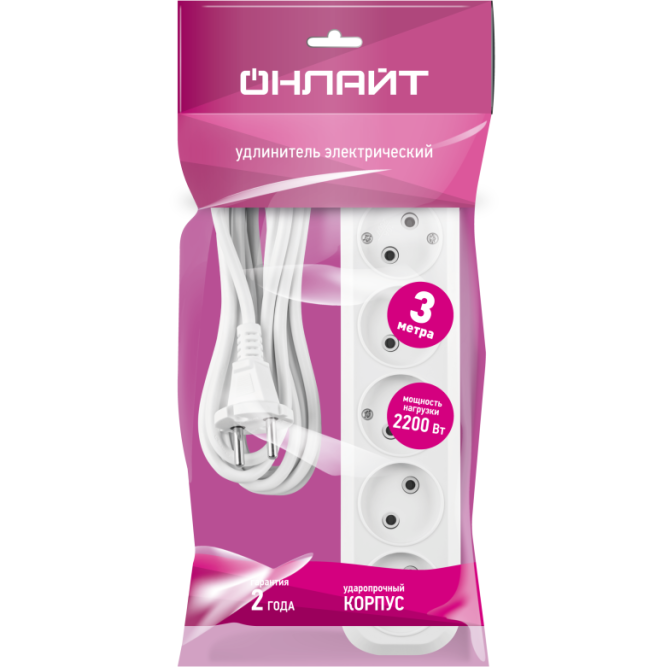 Удлинитель 5х3м без заземл. 10А IP20 90 786 OPE-S-05-300-X-2x1 бел. ОНЛАЙТ 90786