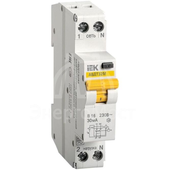 Выключатель автоматический дифференциального тока 2п (1P+N) B 16А 30мА тип A 4.5кА АВДТ-32М IEK MAD32-5-016-B-30
