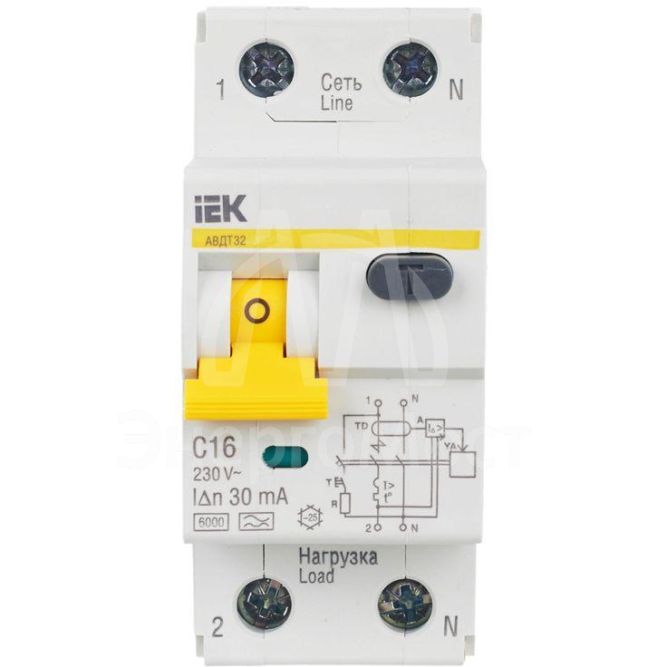 Выключатель автоматический дифференциального тока 2п (1P+N) C 16А 30мА тип A 6кА АВДТ-32 IEK MAD22-5-016-C-30