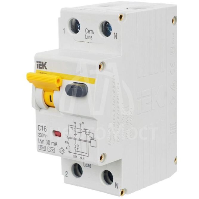 Выключатель автоматический дифференциального тока 2п (1P+N) C 16А 30мА тип A 6кА АВДТ-32 IEK MAD22-5-016-C-30