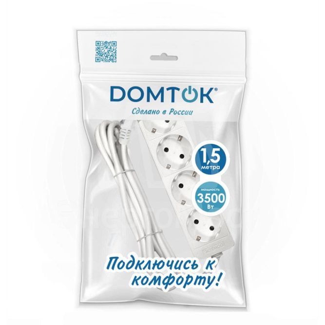Удлинитель 4х1.5м с заземл. 16А IP20 3.5кВт ПВС 3х1 бел. DOMTOK 2394