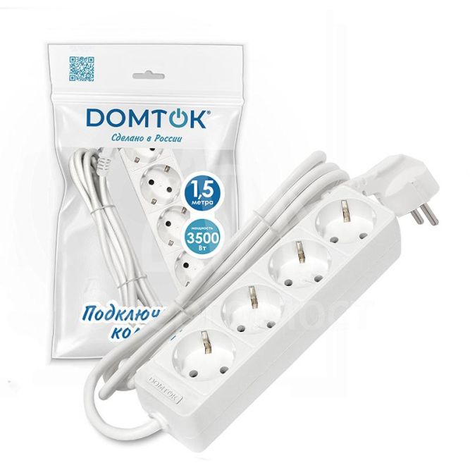 Удлинитель 4х1.5м с заземл. 16А IP20 3.5кВт ПВС 3х1 бел. DOMTOK 2394