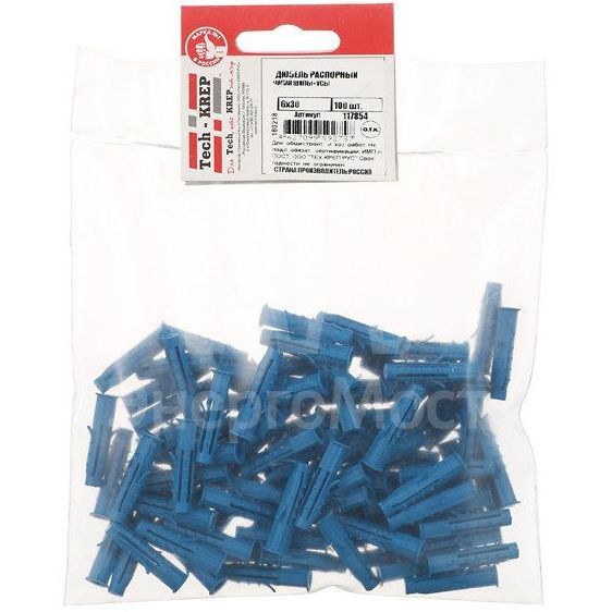 Дюбель четырехраспорный (универсальный) Чапай 6х30 шипы+усы (полипропилен) (уп.100шт) Tech-KREP 117854