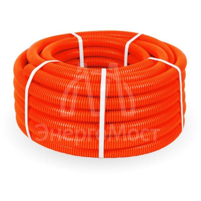 Труба гофрированная ПНД тяжелая d32мм с протяжкой 750 Н безгалоген. (HF) оранж. (уп.25м) Промрукав PR.023241о