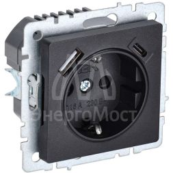 Розетка BRITE РЮш11-1-БрЧ 16А с USB A+C 18Вт с заземл. защ. шторки черн. IEK BR-R14-16-U22-018-K02