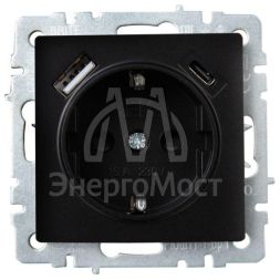 Розетка BRITE РЮш11-1-БрЧ 16А с USB A+C 18Вт с заземл. защ. шторки черн. IEK BR-R14-16-U22-018-K02