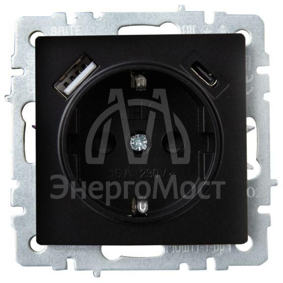 Розетка BRITE РЮш11-1-БрЧ 16А с USB A+C 18Вт с заземл. защ. шторки черн. IEK BR-R14-16-U22-018-K02