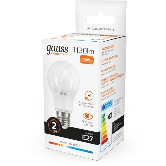Лампа светодиодная Elementary A60 12Вт E27 3000К 1/10/40 Gauss 23212