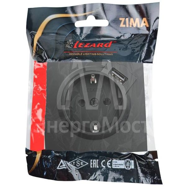 Розетка 1-мест. с/з+USB разъем СП ZIMA IP20 черн. бархат LEZARD 704-4288-181