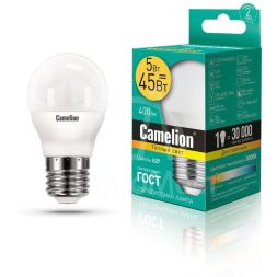 Лампа светодиодная LED5-G45/830/E27 5Вт шар 3000К тепл. бел. E27 390лм 220-240В Camelion 12028
