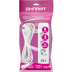 Удлинитель 3х5м с заземл. 10А IP20 90 840 OPE-USB-03-500-ESC-3x1 USB 2xType-A + Type-C с кнопкой ОНЛАЙТ 90840