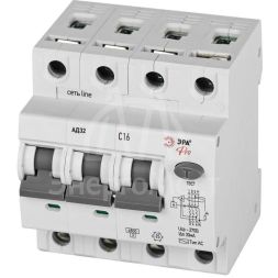 Выключатель автоматический дифференциального тока 3P+N C16 30мА тип АC защита 230В АВДТ 4.5кА PRO D32E4C16АC30P АД32 электронное Эра Б0057797