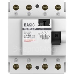 Выключатель дифференциального тока (УЗО) 4п 40А 300мА ВДТ-40 (электрон.) Basic EKF elcb-4-40-300e-sim