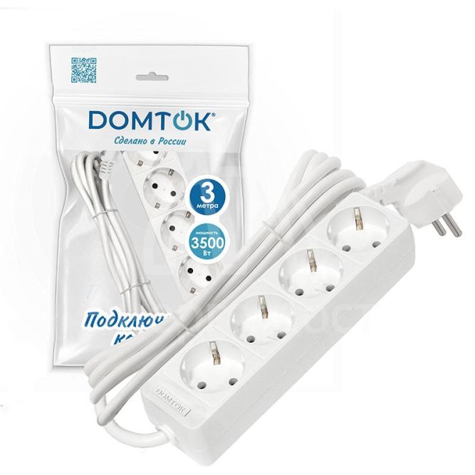 Удлинитель 4х3м с заземл. 16А IP20 3.5кВт ПВС 3х1 бел. DOMTOK 2396