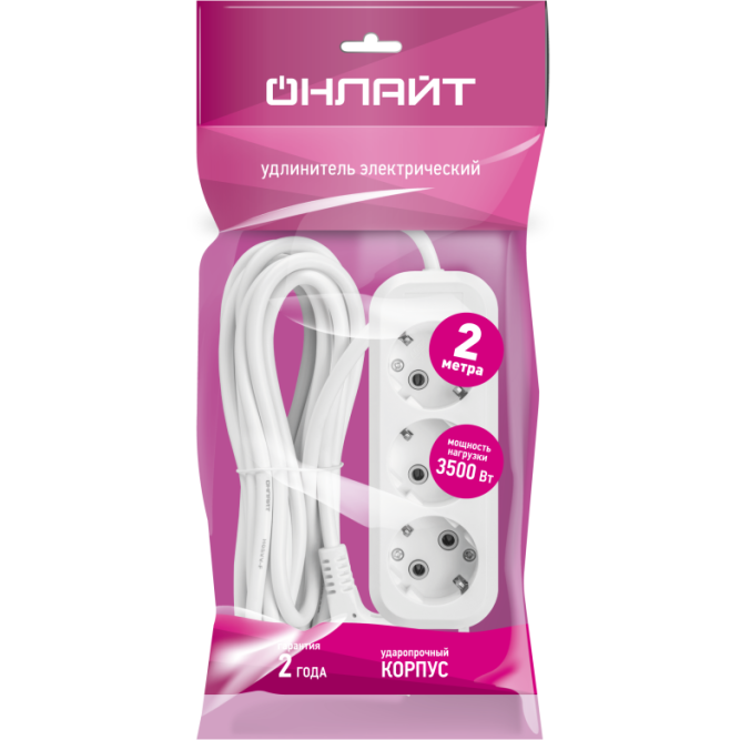 Удлинитель 3х2м с заземл. 16А IP20 90 516 OPE-S-03-200-E-3x1 бел. ОНЛАЙТ 90516