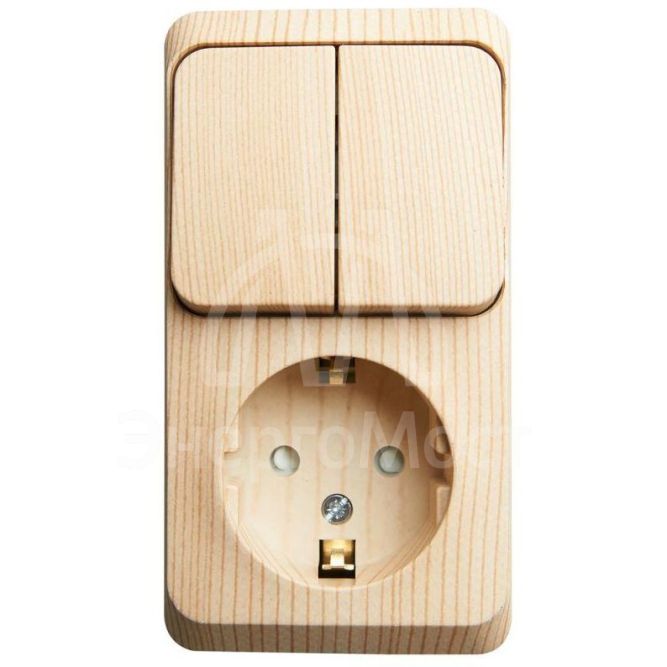Блок ОП Этюд (1-м розетка с заземл. защ. шторки + 2-кл. выкл.) сосна SchE BPA16-202D