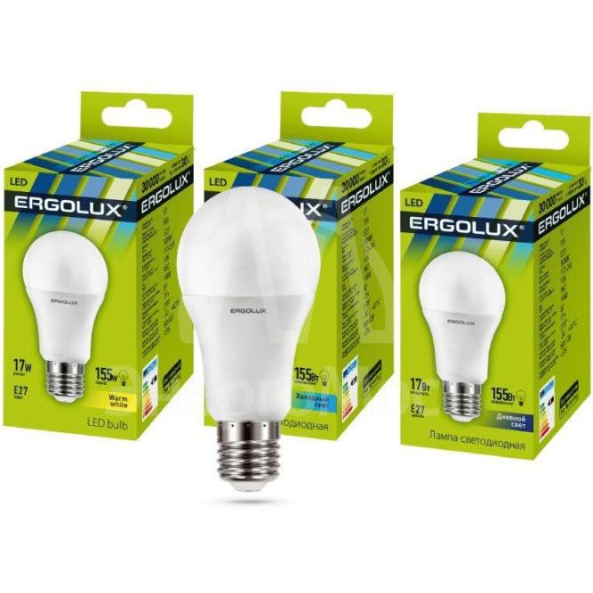 Лампа светодиодная LED-A60-17W-E27-6К ЛОН 17Вт грушевидная E27 6500К 172-265В Ergolux 13181