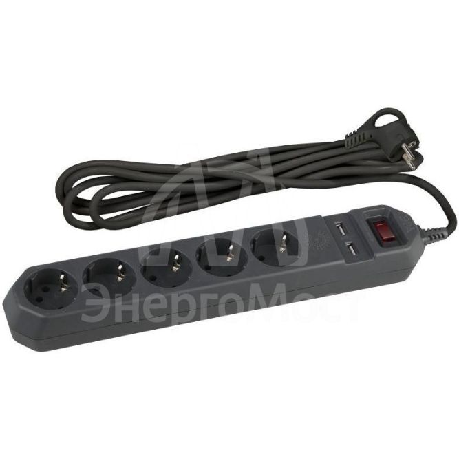 Удлинитель с сетевым фильтром 5х1.5м с заземл. с выкл. USF-5RC:R[38]Ces-1.5m-USB-B ПВС 3х0.75 5гн+2USB черн. ЭРА Б0019036