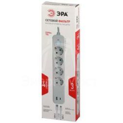 Удлинитель с сетевым фильтром 4х3м с заземл. 10А USF-4es-3m-2xUSBAC-W +2xUSBA+C 3.1A с выкл. с базов. защитой Эра Б0059573