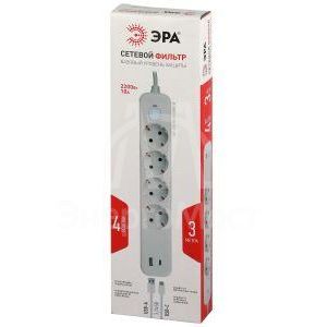 Удлинитель с сетевым фильтром 4х3м с заземл. 10А USF-4es-3m-2xUSBAC-W +2xUSBA+C 3.1A с выкл. с базов. защитой Эра Б0059573